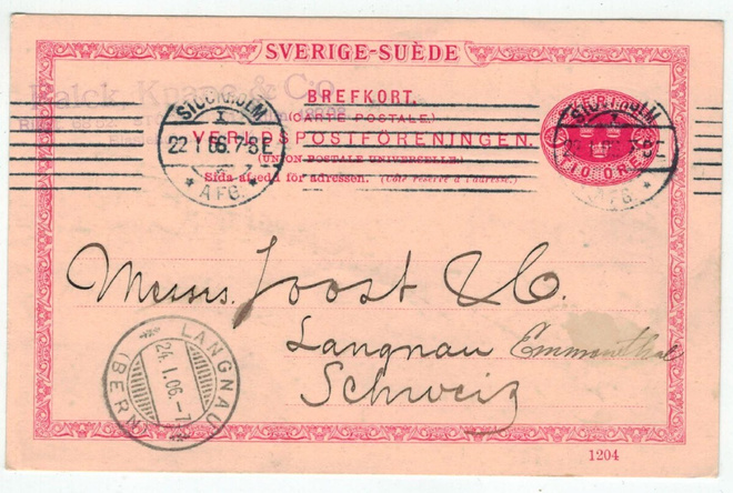 Ruotsi 1906 10 ören ehiökortti Sveitsiin