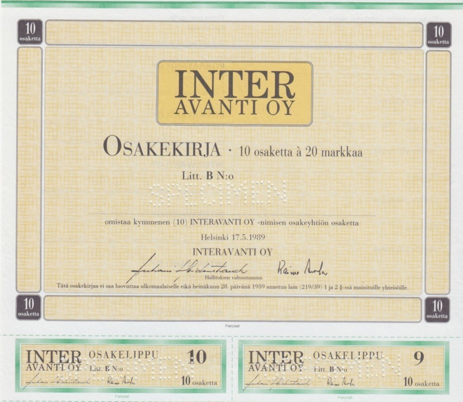 OKK 1989 Interavanti Oy spec, Helsinki pörssi osakekirja