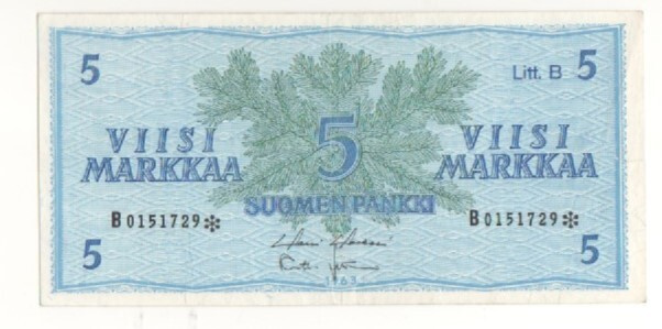 5 markkaa 1963 Litt. B, sarja B* , korvaava tähtiseteli.