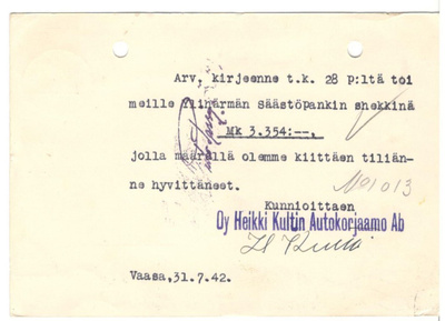 Vaasa,  v. 1942  firmakortti kotiseutukeräilijälle