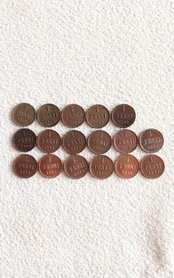 Suomi 1 pennin rahoja 17 kpl. 1873-1917 vuosilta,hienoja