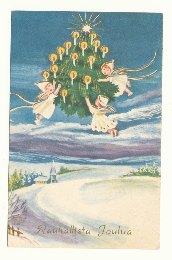 Enkelit ja joulukuusi - vanha kortti