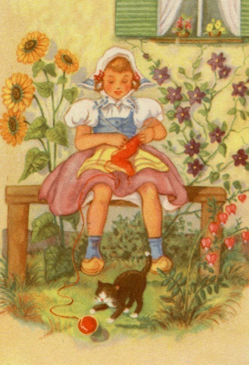 Lapsi - Tyttö, kissa ja lankakerä - Kortti 1940-50-luvulta