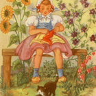 Lapsi - Tyttö, kissa ja lankakerä - Kortti 1940-50-luvulta - pikkukuva 1