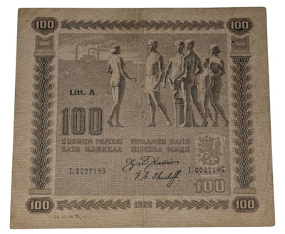 100 Markkaa 1922 Litt. A L0027185 kl 3