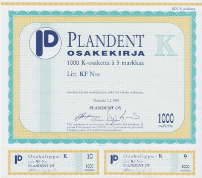OKK 1989 Plandent Oy spec, Helsinki pörssi osakekirja