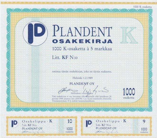 OKK 1989 Plandent Oy spec, Helsinki pörssi osakekirja