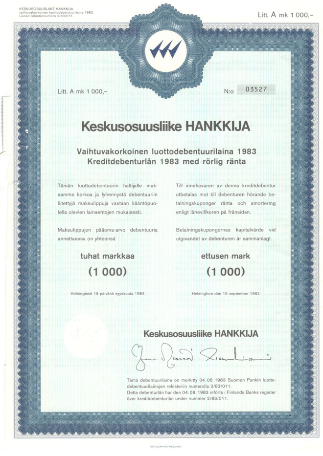 OKK obligaatio Hankkija 15.9.1983