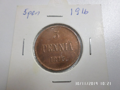 5 penniä 1916 Rahakehyksessä Kl 6-7 siisti
