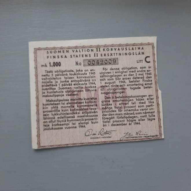 Suomen valtion korvauslaina 1000mk -45 "kultareuna"
