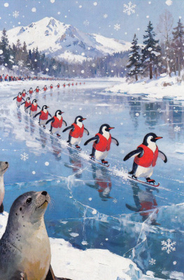 Pingviinit luistelevat pitkässä jonossa