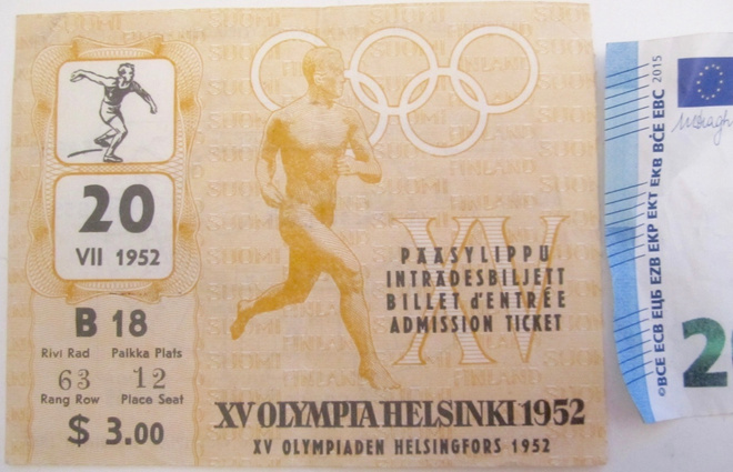 Lippu Pääsylippu Olympia 1952 Helsinki 20.7.52 Yleisurheilu