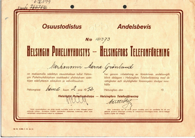 Helsingin puhelinyhdistyksen osuustodistus vuodelta 1956