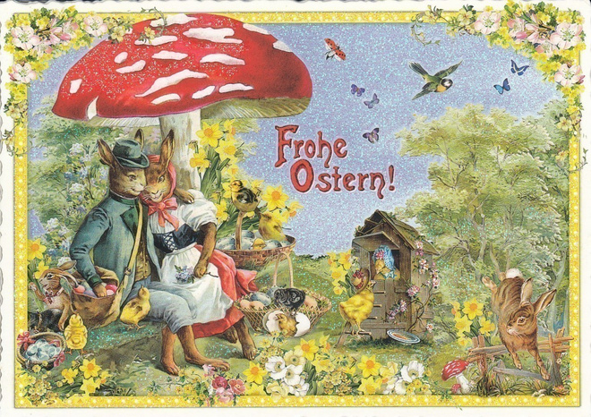 Jänikset kärpässienen alla (Tausendschön-kortti)