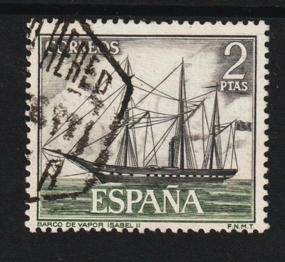 1964 Espanja 2 Ptasin merkki Höyrylaiva Isabel II leimattuna