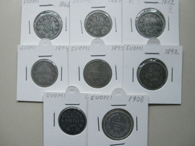 1 markka 1866 - 1908 6 erilaista hopeaa