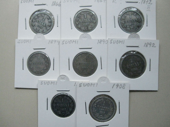1 markka 1866 - 1908 6 erilaista hopeaa