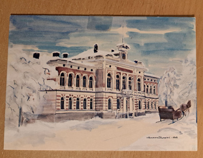 Jyväskylä, piirros vanh.kaupungintalosta, kulk. taittokortti