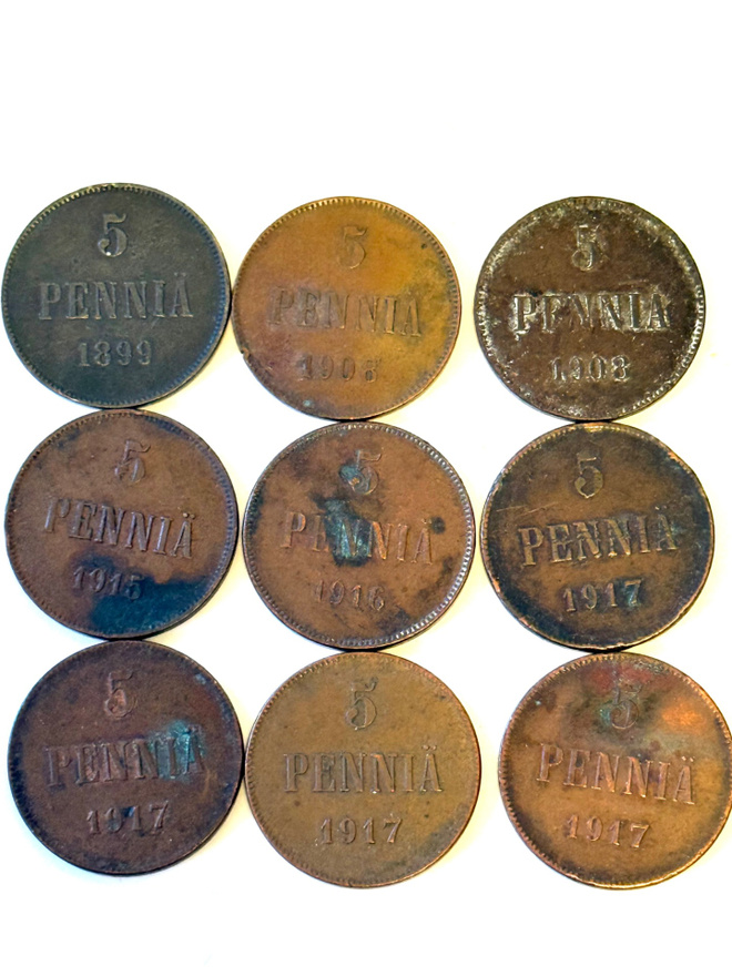 5 penniä 1899, 1908, 1915, 1916 ja 1917