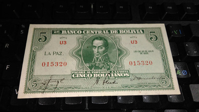 Bolivia 5 bolivanos 1928 P129 sn320 XF