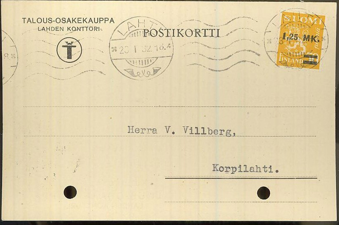 TALOUS-OSAKEKAUPPA Lahden konttori - firmakortti 1932