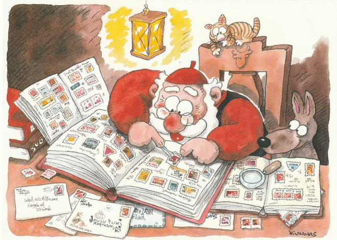 MAURI KUNNAS - PUKKI LAITTELEE POSTIMERKKEJÄ KANSIOON
