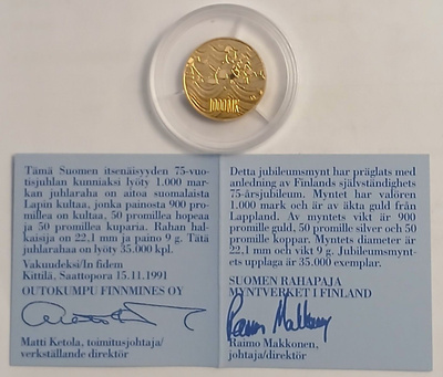JUHLARAHA vuodelta 1992, 1000 mk aitoa Lapin kultaa.