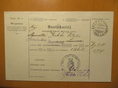 1917 Turku Maanmittauskonttori vapaapakettikortti