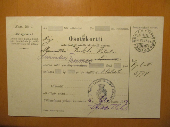 1917 Turku Maanmittauskonttori vapaapakettikortti