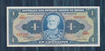 Brazil 1 Cruzeiro v 1955 siisti, sileä seteli