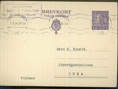 Ruotsi 1934 ehiökortti Suomeen