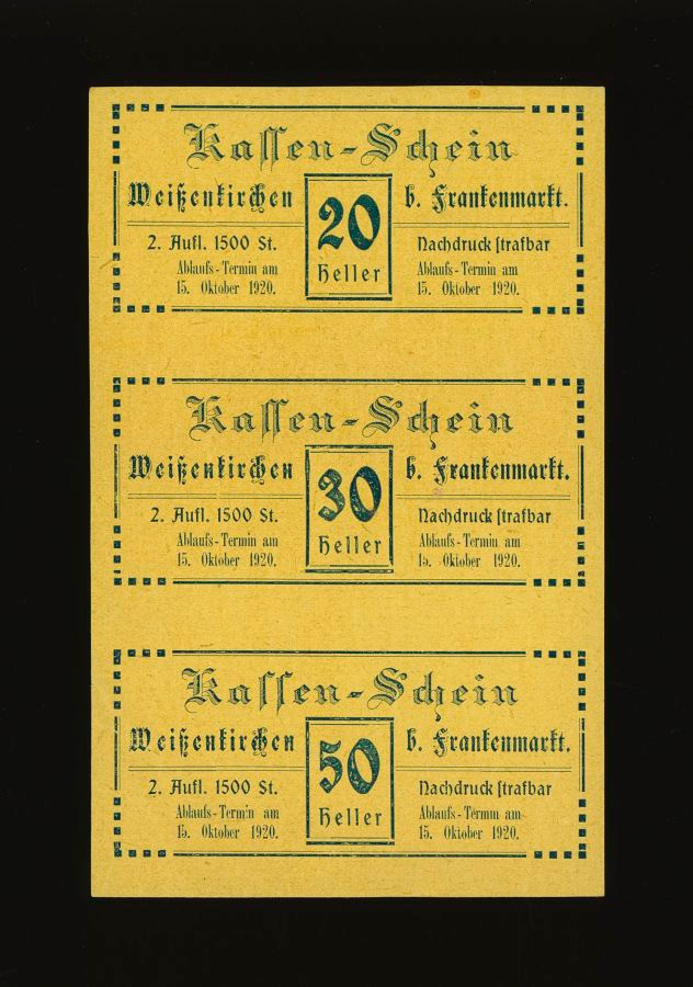 Itävalta Notgeld 20, 30, 50 Heller, Weissenkirchen