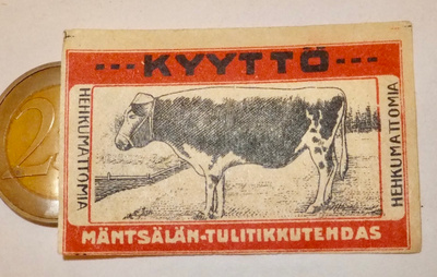 VANHA Tulitikkju Etiketti Mäntsälä Kyyttö Lehmä 1900-l