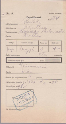 KIIKKA 11.11.1938 PAKETTIKORTTI VALTION RAUTATIET LEVYJÄ KOI