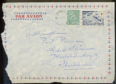 1955 tub 25mk + M54 10mk lentokirje Ruotsiin