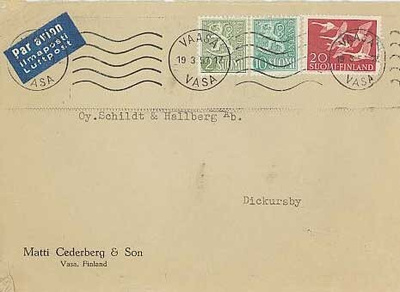 M54 1954 2(mk) lentolisänä kirjeellä Vaasasta Tikkurilaan