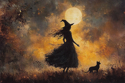 Halloween noita ja kissa, täysikuu