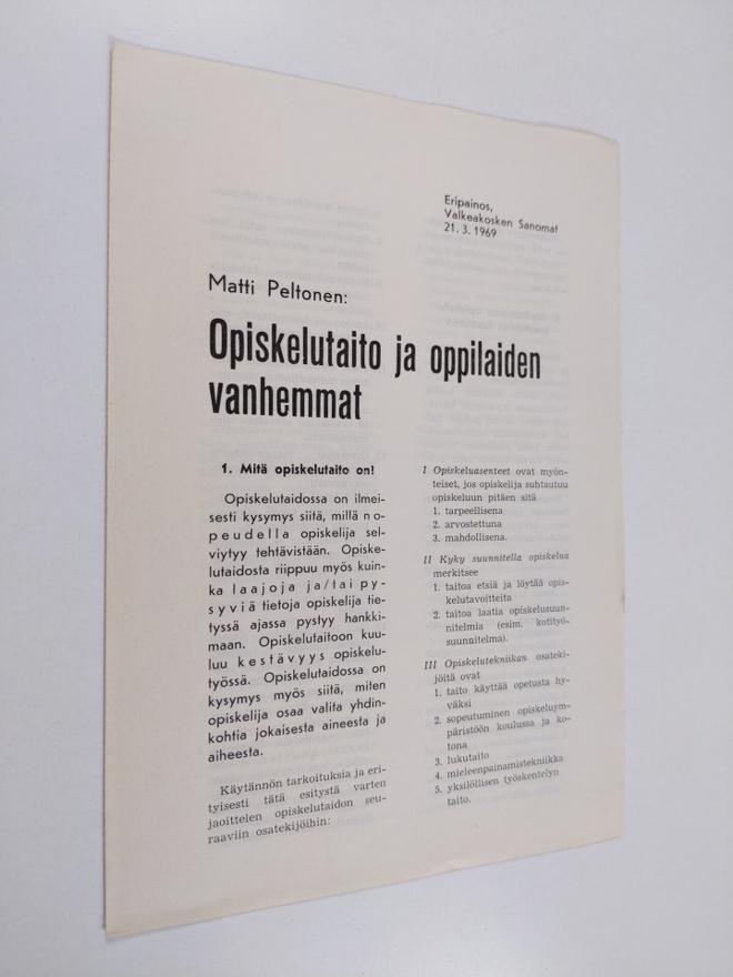 Matti Peltonen : Opiskelutaito ja oppilaiden vanhemmat
