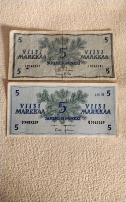 5 markan setelit 1963 vuodelta Litt.B ja ilman Litt.iä