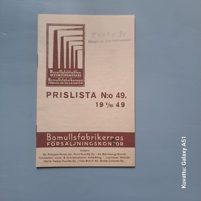 Puuvillatehtaitten myyntikonttori hinnasto 49, 1/10-49