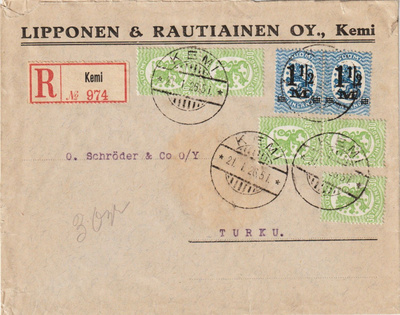 1926 Kirjattu kirje Kemistä Turkuun 5x30p +2x1½mk merkeillä