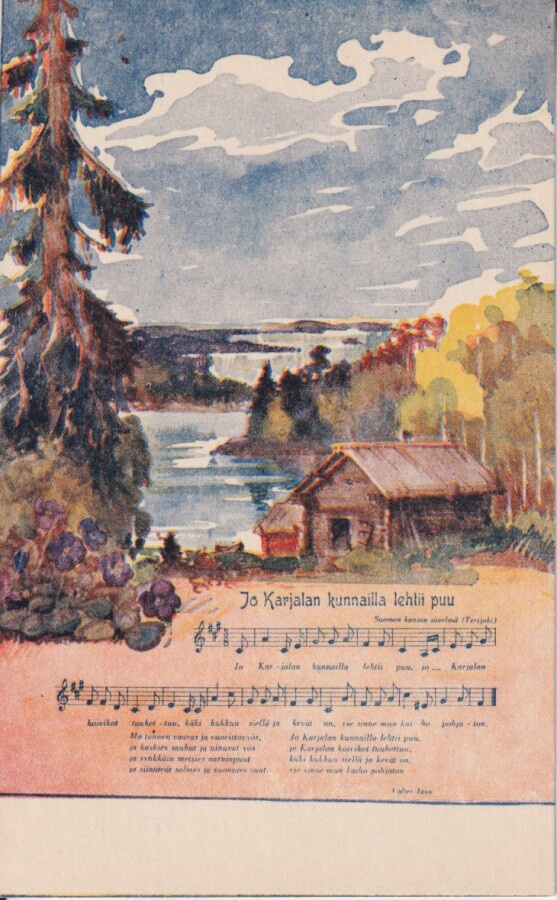 Sävelkortti, Jo Karjalan kunnailla lehtii puu,  e107