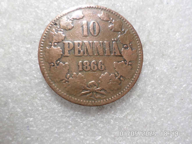 10 penniä 1866  kulkenut tasaisesti  kulunut siistikuntoinen