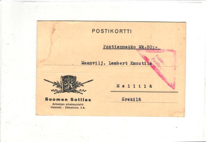 FIRMAKORTTI SUOMEN SOTILAS POSTIENNAKKO HELSINKI-MELLILÄ