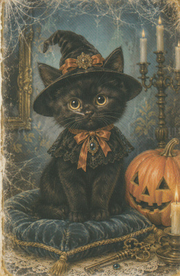 Halloween musta kissa samettityynyllä