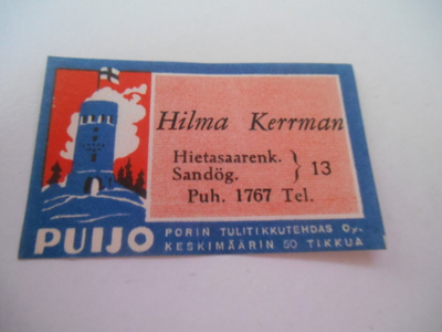 TT Etiketti Puijo Hilma Kerrman Hietasaarenk. 13