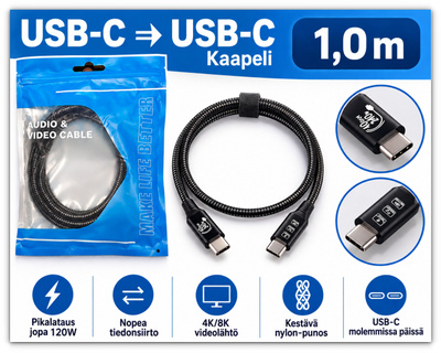 USB-C Thunderbolt 4 kaapeli 40Gbps 240W 8K / 1m #32142