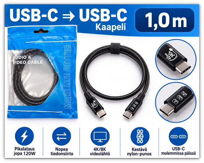USB-C Thunderbolt 4 kaapeli 40Gbps 240W 8K / 1m #32142