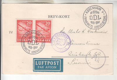 FDC 1943 20 Öre  Tanskasta Suomeen  sotasensuuri.