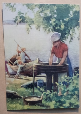 Rudolf Koivu: Äiti pyykillä, lapset veneessä rannalla, ei p.